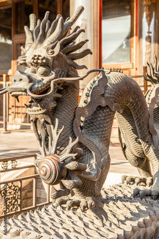Chinese Dragon statue from Ming dynasty era, at the entrance to the palace in the Forbidden City, Beijing, China