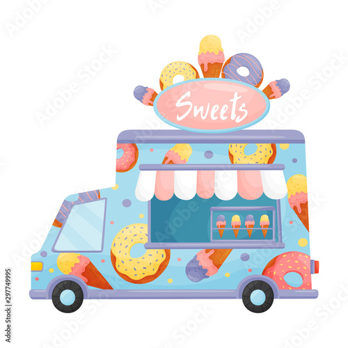 Light blue food truck with sweets. Vector illustration on a white background.