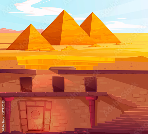 Ancient Egypth, lost looted tomb of pharaoh or abandoned temple interior, underground cartoon vector. Archeological excavations, treasures hunting concept. Desert, dug sand and sunbeam in empty crypt