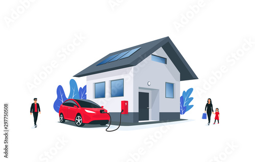 Family battery electric car charging at home charger station with solar panels on roof. Charge on house wall box EV charger. Space for your text. Isolated vector illustration on white background. 