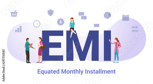 emi equated monthly installment concept with big word or text and team people with modern flat style - vector