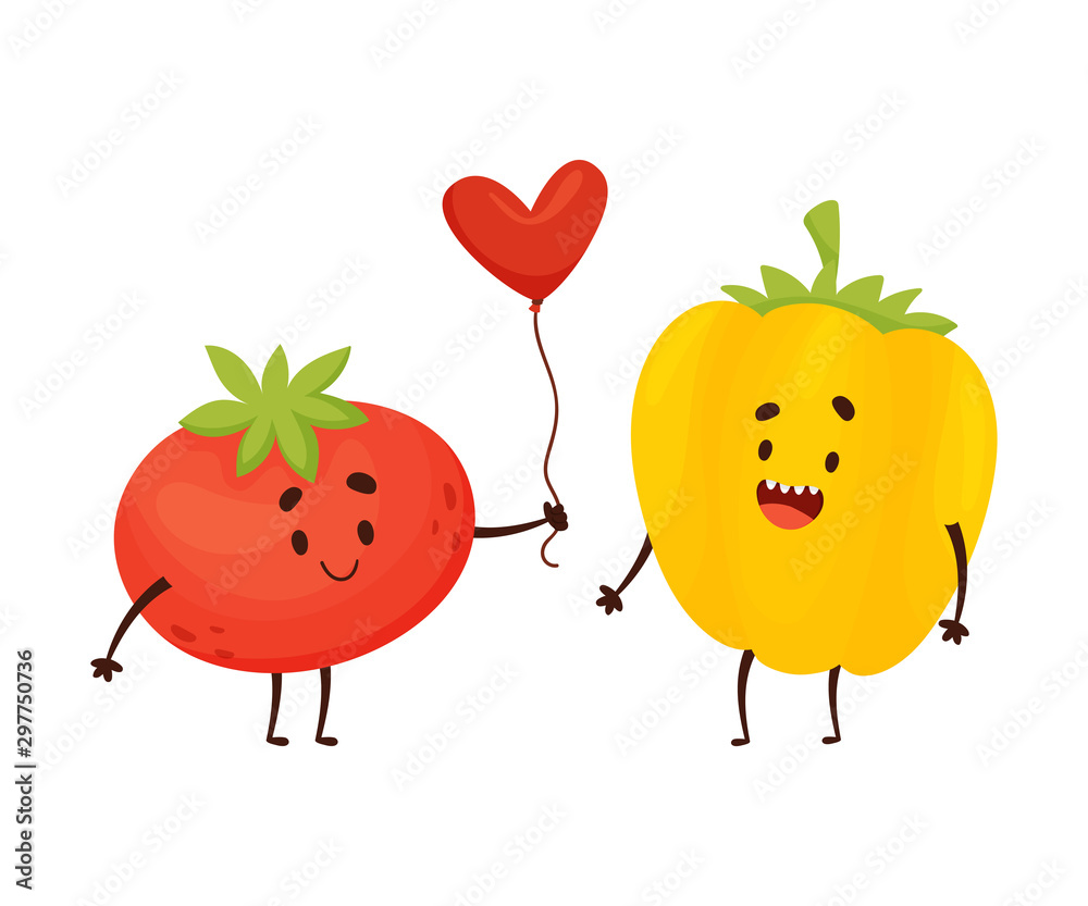 Humanized tomato gives a balloon to pepper. Vector illustration. Humanized tomato gives a balloon to pepper. Vector illustration.