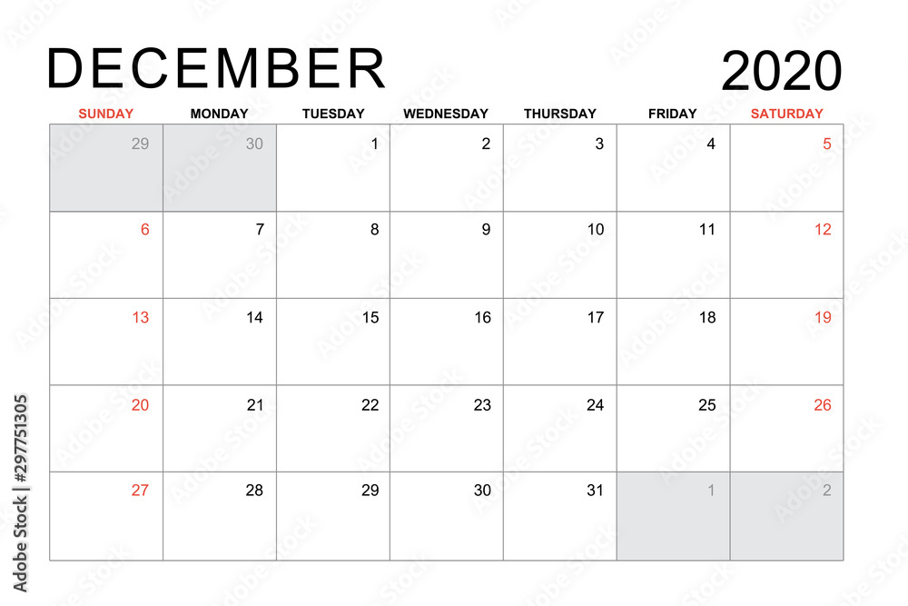 2020 december calendar - obrazy, fototapety, plakaty 