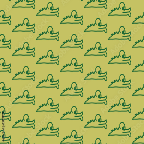 Seamless hand drawn animal green background pattern with green doodle cartoon baby crocodile for fabric design