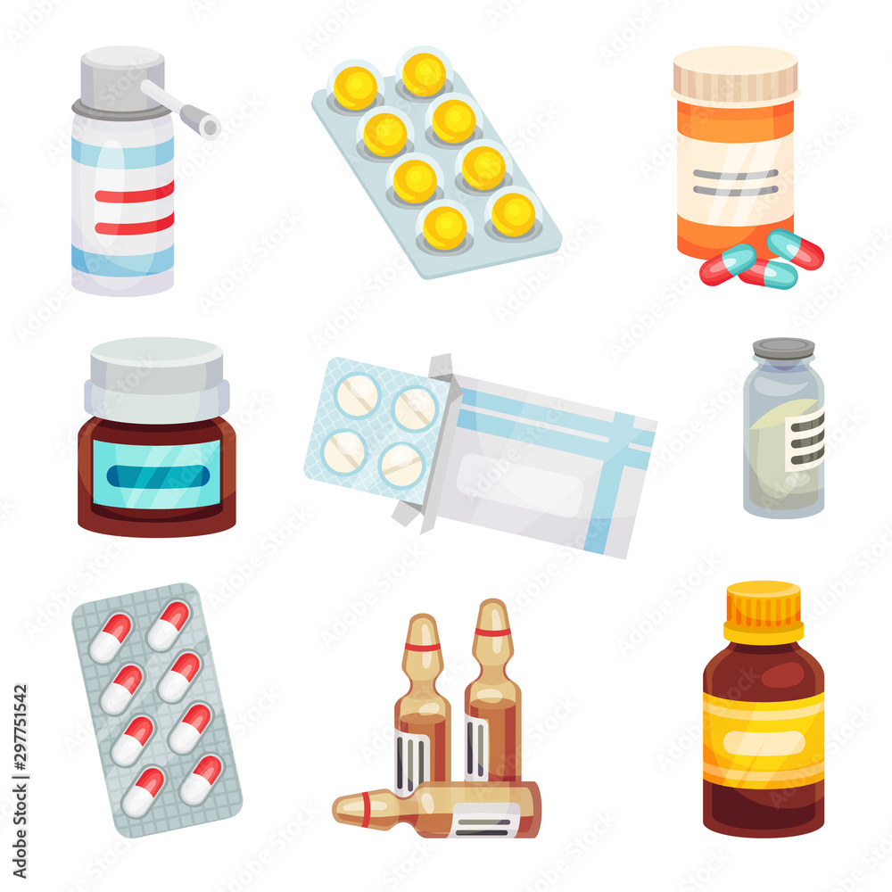 Set of pills and potions. Vector illustration on a white background. Set of pills and potions. Vector illustration on a white background.