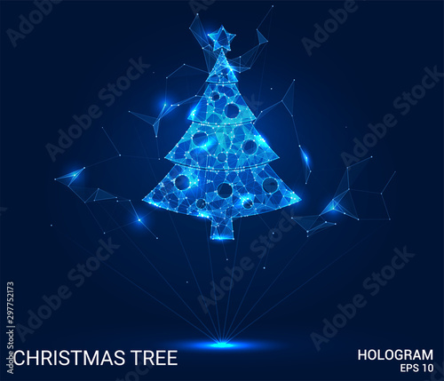 Hologram Christmas tree. Christmas tree of polygons, triangles of points and lines. New year low poly compound structure. The technology concept.