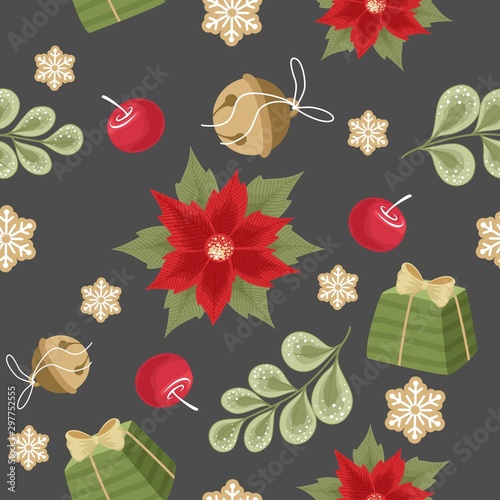 Christmas and New year festive seamless pattern for wrapping paper or fabric with different elemets. Fashionable vintage style.