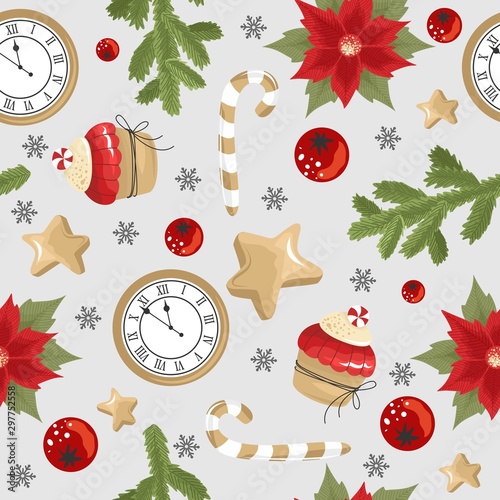 Christmas and New year festive seamless pattern for wrapping paper or fabric with different elemets. Fashionable vintage style.