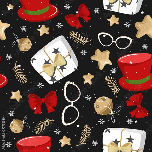 Christmas and New year festive seamless pattern for wrapping paper or fabric with different elemets. Fashionable vintage style.