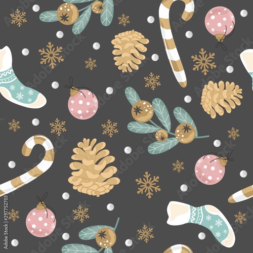 Christmas and New year festive seamless pattern for wrapping paper or fabric with different elemets. Fashionable vintage style.