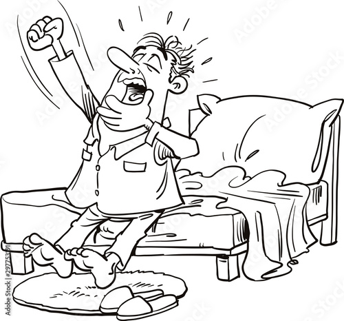 man waking up early in the morning, he looks tired