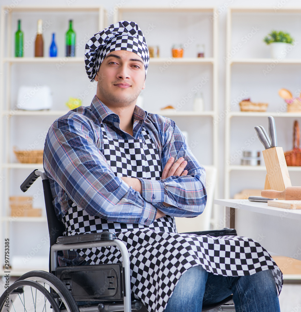 Disabled young husband frying at kitchen Disabled young husband frying at kitchen