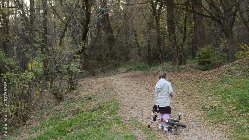 Little girl child taking a bicycle uphill in autumn park Little girl child taking a bicycle uphill in autumn park