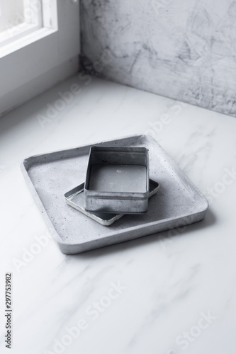 metal box on marble background with copy space