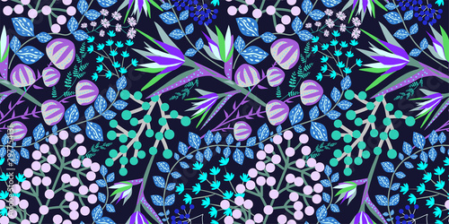Amazing alien plants (vines, flowers, tree leaves). Floral seamless pattern on dark background. Fantastic Vector illustration in the style of hand-drawn.