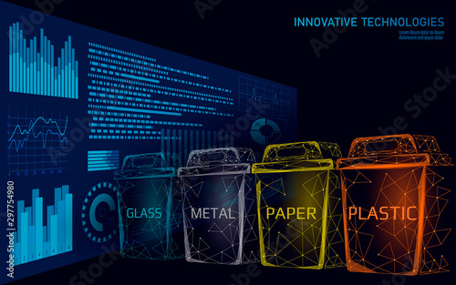 Low poly waste separation 3D concept. Garbage recycle plastic aluminium paper glass container bin. Polygonal ecological save planet campaign. Urban trash movement banner vector illustration