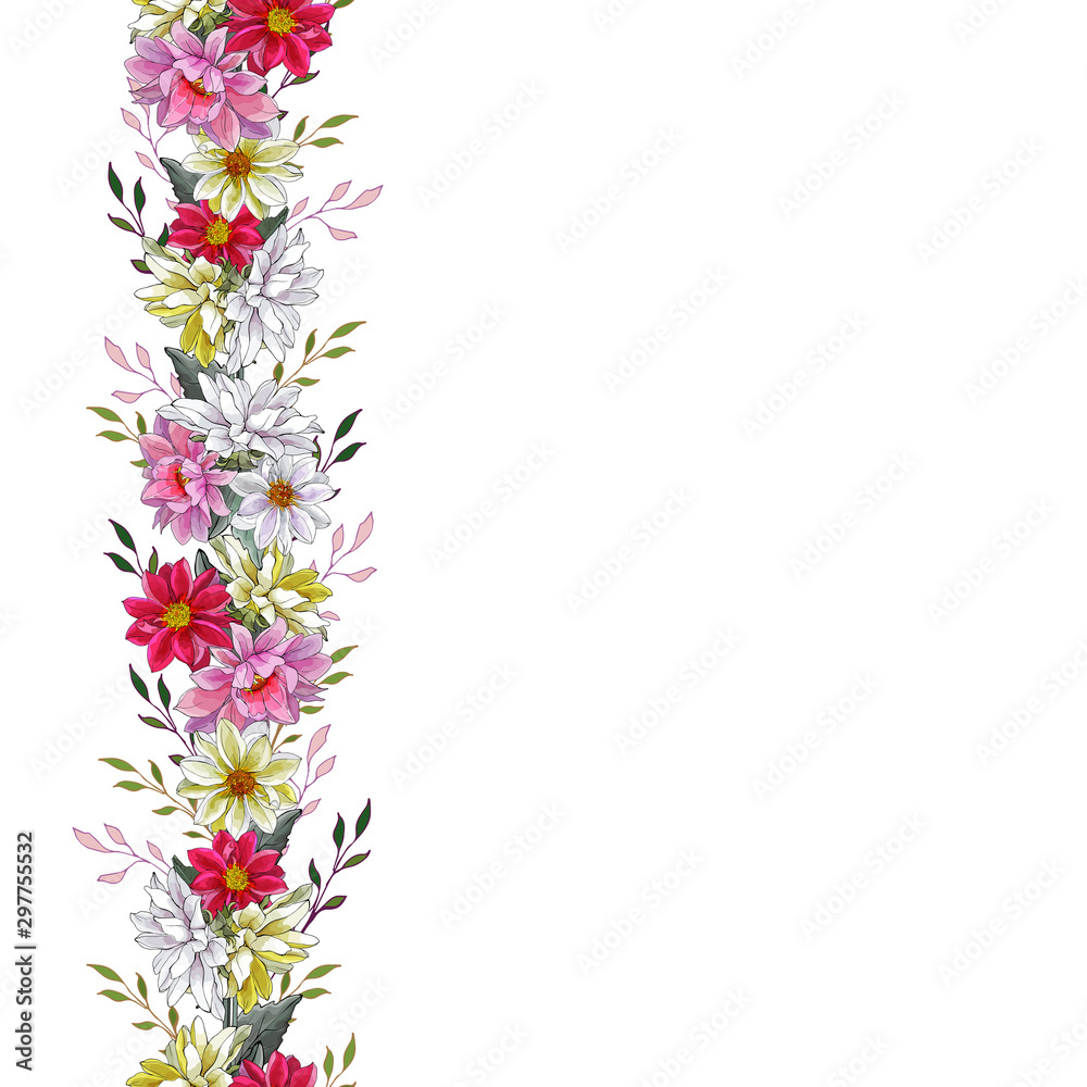 Floral border with multi-colored dahlias and leaves on white. Endless vertical pattern brush. Design for your wedding, birthday, saving the date card, greeting card decoration. Vector.