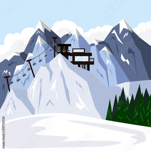 Winter ski resort with a cable car and a holiday house. Illustration in flat style