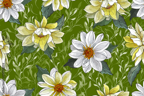 Floral Seamless Pattern with Yellow and White Dahlias and Leaves on Green Background. For Textile  Wallpapers  Print  Greeting. Vector Illustration.