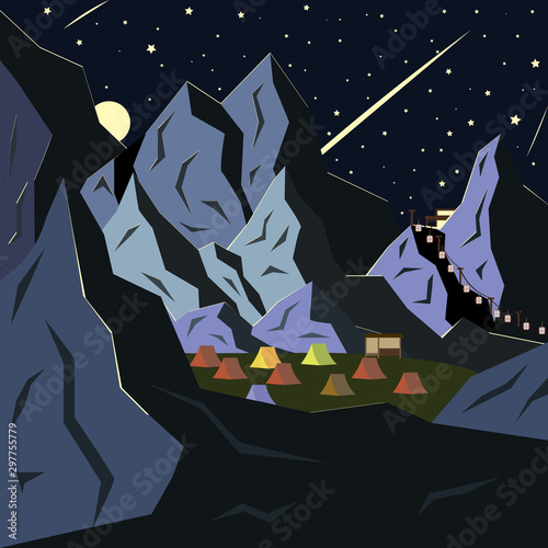 Mountain landscape, campground and falling stars. Vector illustration in a flat style.