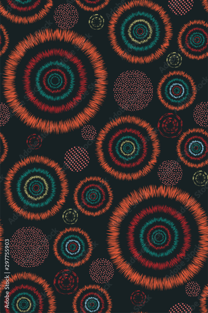Fototapeta premium Geometric abstract pattern with red, orange and green circles and dots in ethnic style on a dark background. Hand vector illustration. Beautiful print for fabric design, interior, wrapping paper.