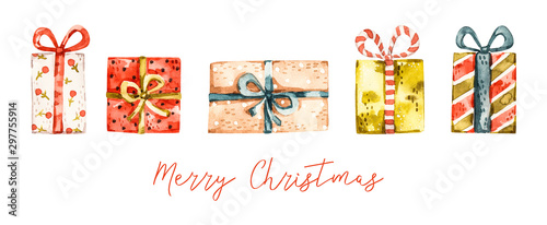 Childish watercolor christmas gift boxes, greeting banner decoration. Merry xmas and happy new year aqarelle poster, naive cartoon style