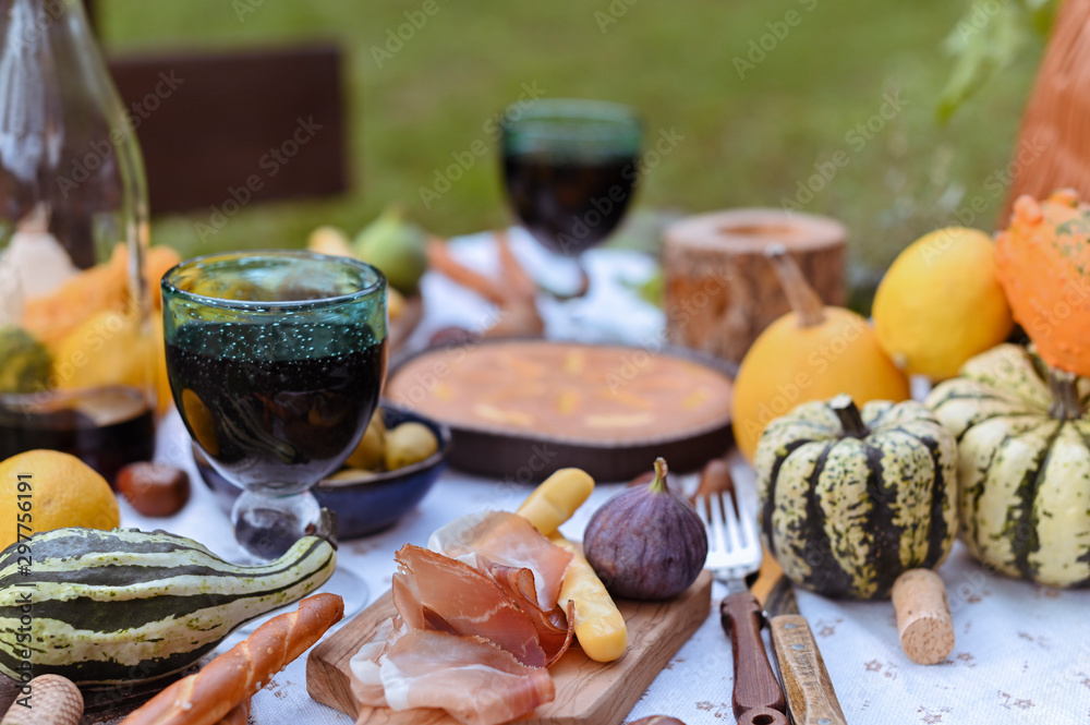 Autumn picnic in the park. Pumpkins, pie, prosciutto and snacks. Bottle of wine and glasses on a wooden table. Sunny day and outdoor recreation.