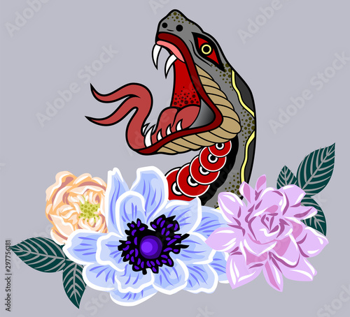 Image of angry, stinging snake looking out of rose flowers, in old school style
