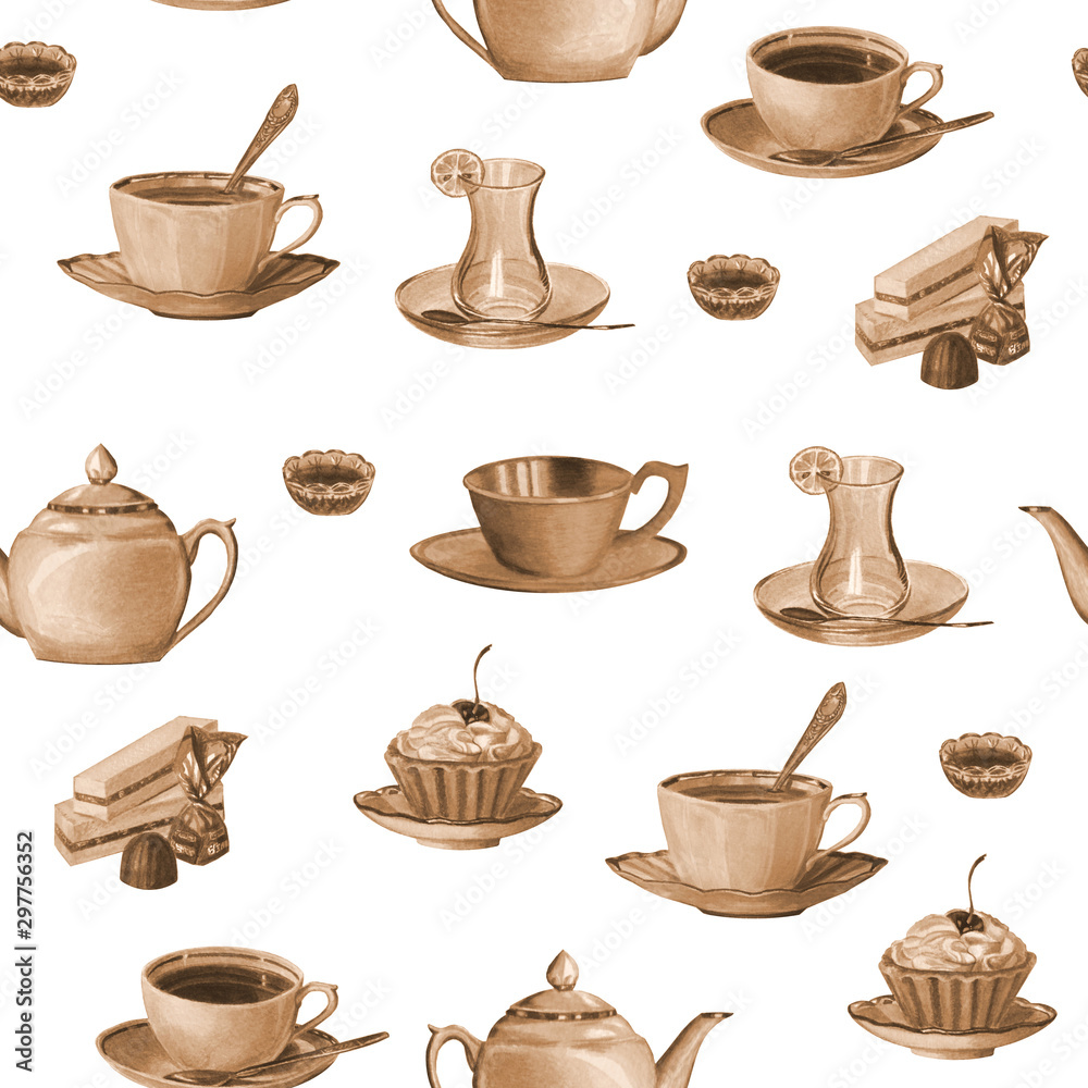 Cute seamless pattern from tea ware and desserts on a white background Cute seamless pattern from tea ware and desserts on a white background