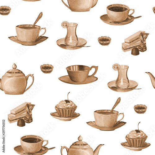 Cute seamless pattern from tea ware and desserts on a white background