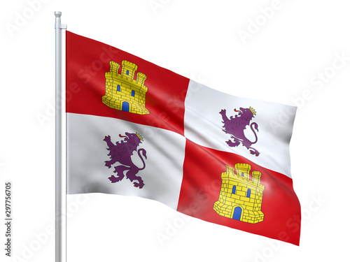 Castile and Leon (autonomous community in Spain) flag waving on white background, close up, isolated. 3D render photo