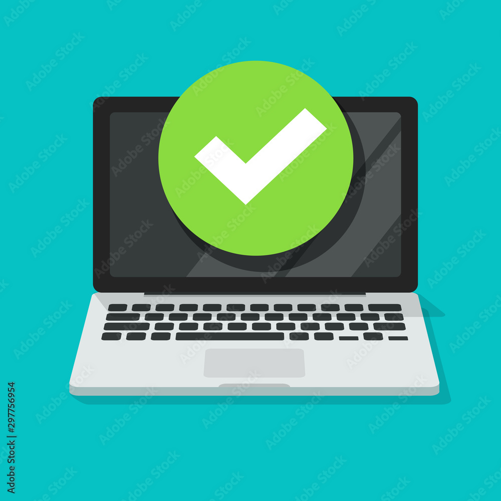 Laptop with checkmark or tick notification vector, flat cartoon of computer pc with approved choice, idea of task done, updated or download complete, accept or approve checkmark cut out - obrazy, fototapety, plakaty 