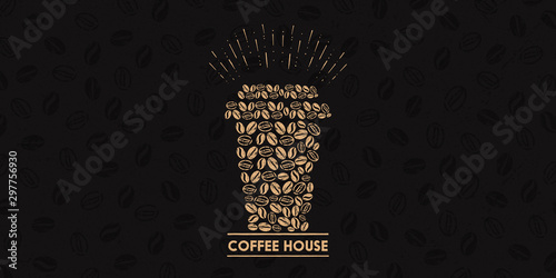 Text of coffee house and seamless pattern with beans Illustration banner