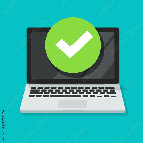 Laptop with checkmark or tick notification vector, flat cartoon of computer pc with approved choice, idea of task done, updated or download complete, accept or approve checkmark cut out