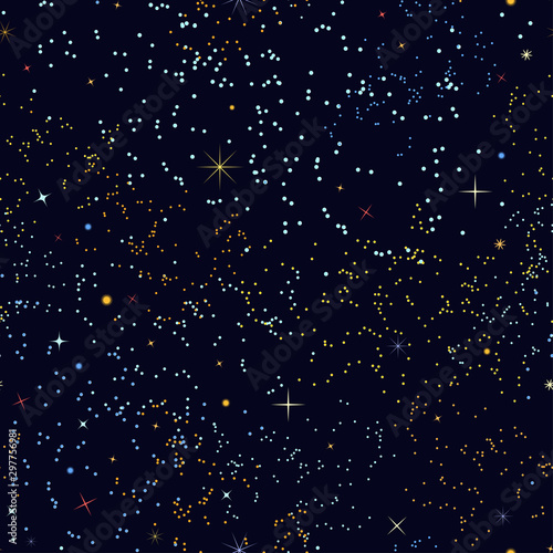 Space abstract background. Seamless pattern with sparkling stars. The Starry night sky. Vector illustration. template for prints, futuristic interior design, book covers, magazines, bedroom, ceiling.