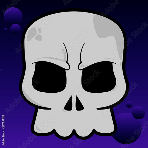 Illustrazione teschio su sfondo viola. Halloween party card.