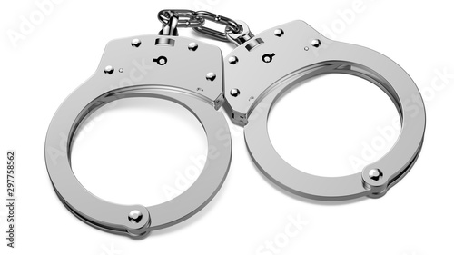 A chrome handcuffs with the shadow isolated on white background. 3d rendering illustration photo