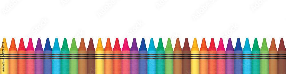 Rainbow wax crayons aligned in row. Panorama illustration. Multicolored color penicls. - obrazy, fototapety, plakaty 