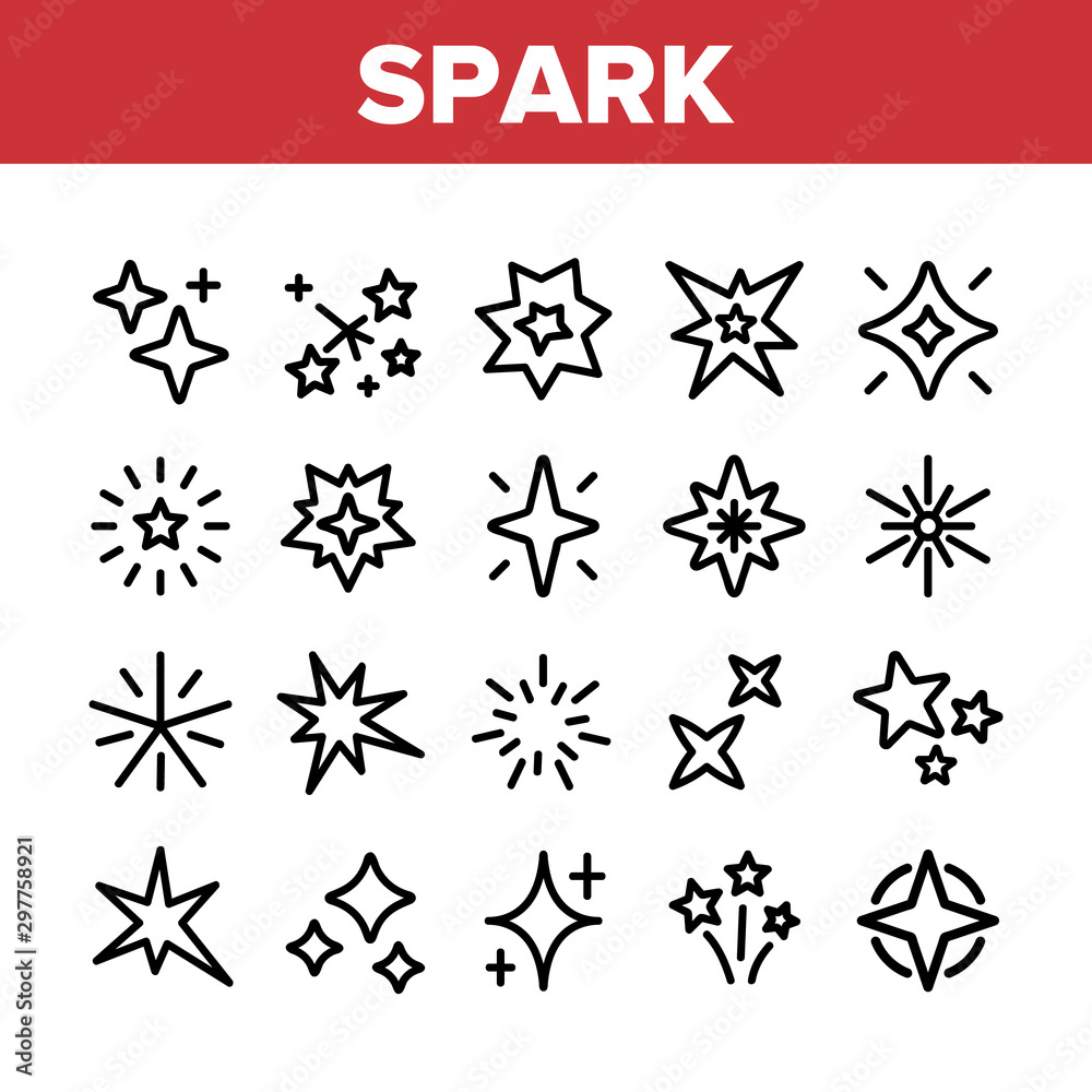 Spark And Sparkle Star Collection Icons Set Vector Thin Line. Different