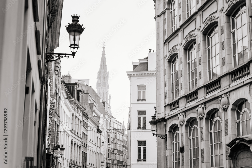 View of the street in old city of Brussels black and white postcard.