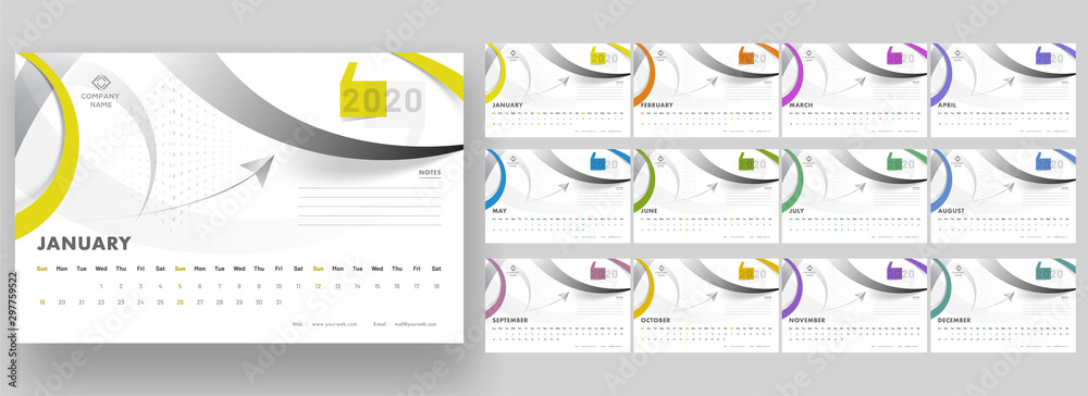 Normal Calendar Complete set of 12 months for 2020 yearly calendar design with abstract ...