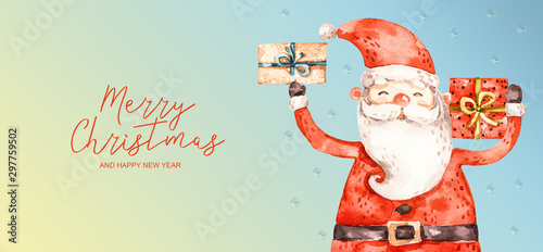 Naive aqarelle santa claus with holiday gifts, greeting banner. Merry christmas and happy new year watercolor poster