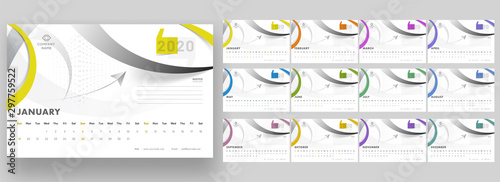 Complete set of 12 months for 2020 yearly calendar design with abstract geometric background.