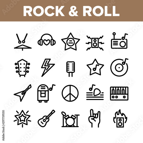Rock And Roll Collection Elements Icons Set Vector Thin Line. Guitar And Drums, Microphone And Headphones, Star And Rock Music In Radio Concept Linear Pictograms. Monochrome Contour Illustrations