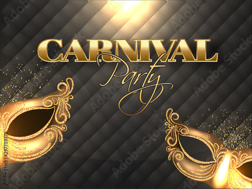 Golden text of Carnival Party with glittering masks and light effect on black leather pattern background.