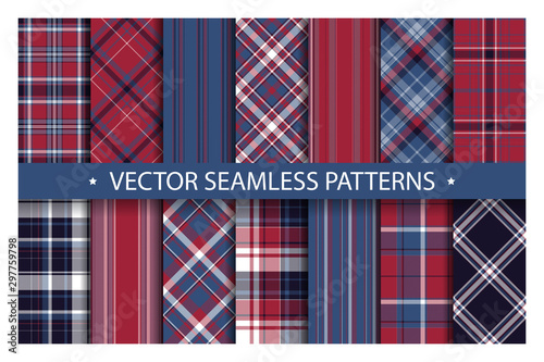 Tartan set pattern seamless plaid vector. Geometric background fabric texture. Modern check fashion template for textile print, wrapping paper, gift card, wallpaper flat design.