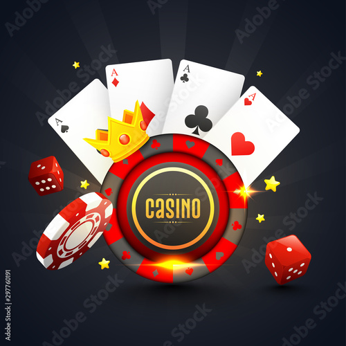 3D Casino chip with crown, dice and playing cards decorated on grey background.