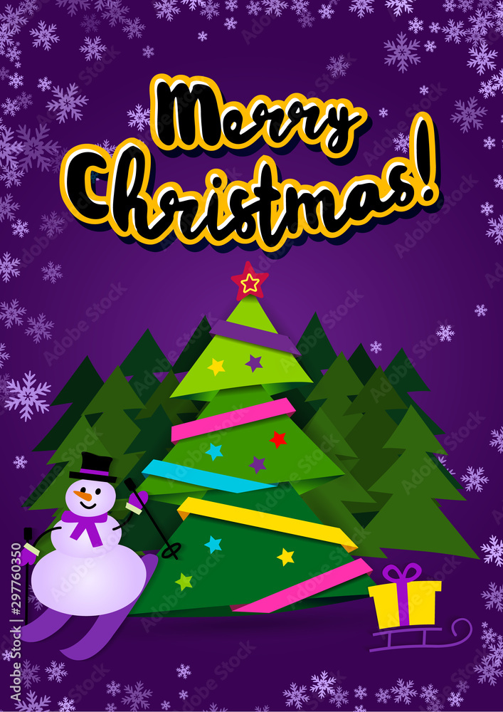 Poster Merry Christmas. Paper ribbon on Christmas tree with star and Christmas balls. paper cut and craft style. Vector illustration.