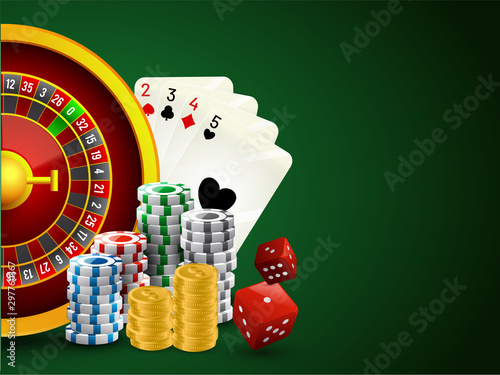 Realistic roulette wheel with poker chips, dice, playing card and coin stack on green background for Casino Night banner or poster design.