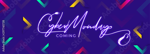 Website header or banner design with stylish Cyber Monday text decorated wired mouse on abstract colorful triangle pattern background.